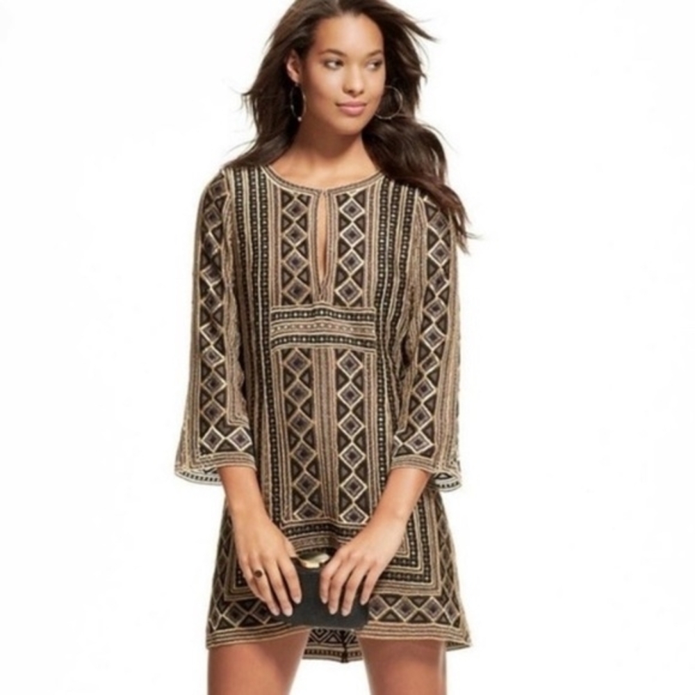 Calypso St. Barth Geometric Embroidered Mini Dress - Black and Tan